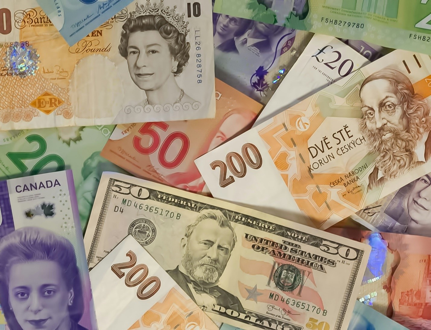 Bank notes of different currencies
